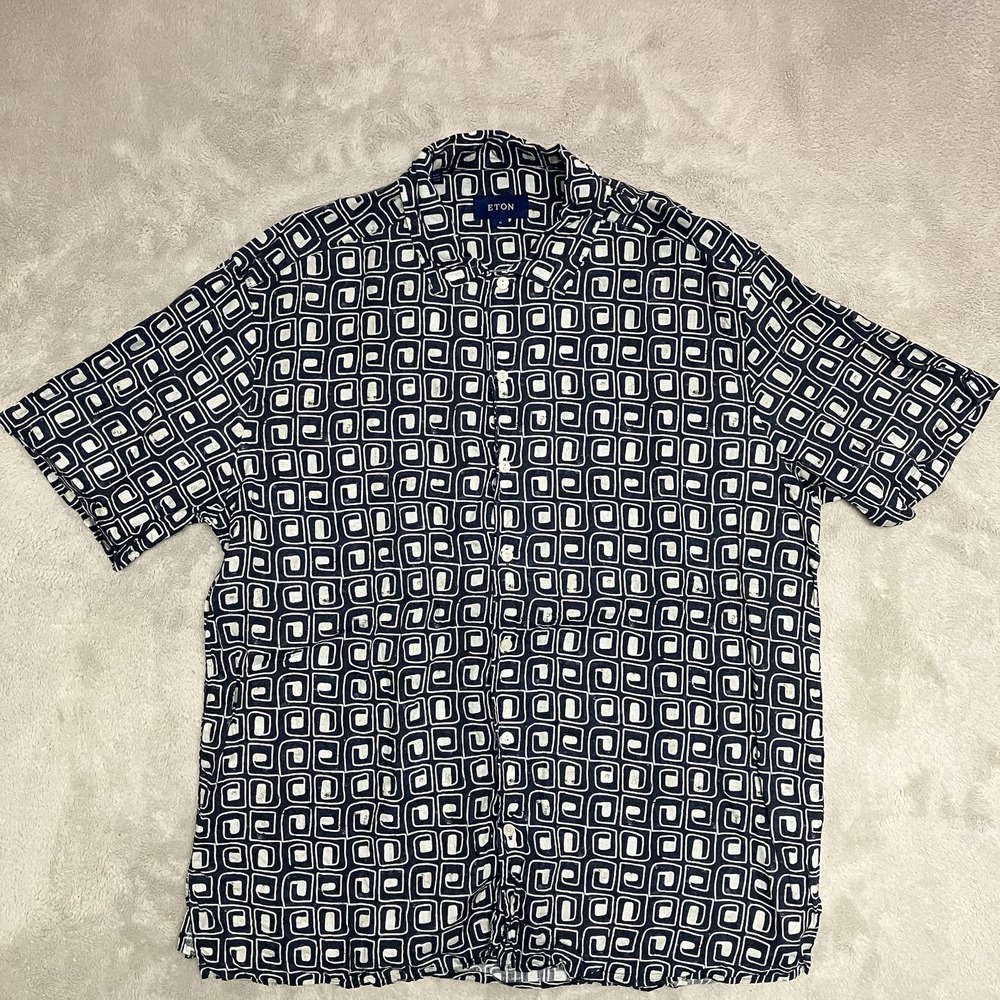 Eton Contemporary Button Up‎ Shirt Mens XL Blue Geometric Linen Short Sleeve